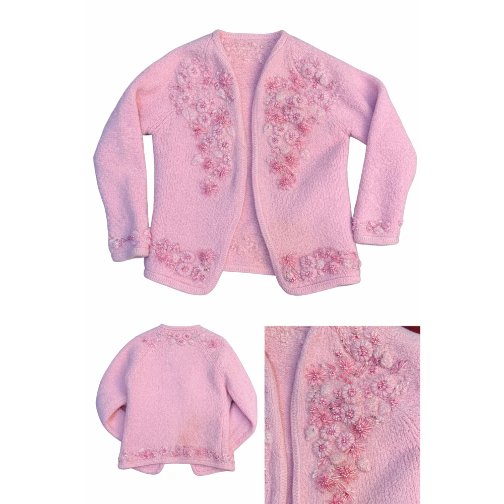 Vintage Pink Beaded Floral Cardigan Wool Sweater XS Petite